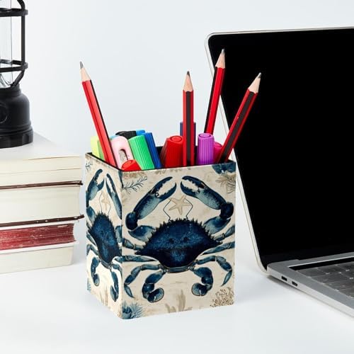 Retro Crab Pen Holder for Desk Decor, Rectangular PVC Leather Pencil Cup for Desk Pen Organizer, Makeup Brush Holder for School, Home, Office
