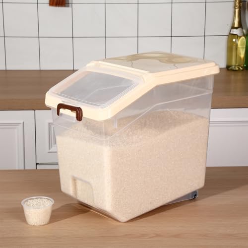 Sunnyray 4 Pcs Rice Storage Containers Bulk Flour Sugar Container Wheels Measuring Cups Set Airtight Pet Dog Cat Birds Food Bin Grain Cereal Organizer Box for Dry Baking (Beige,38 lb)