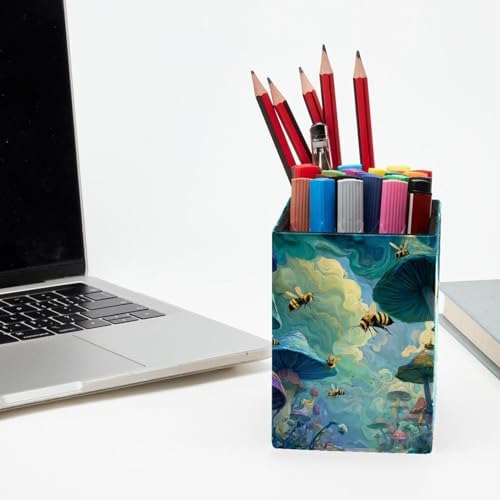 Bee Pen Holder for Desk Decor, Rectangular PVC Leather Pencil Cup for Desk Pen Organizer, Makeup Brush Holder for School, Home, Office