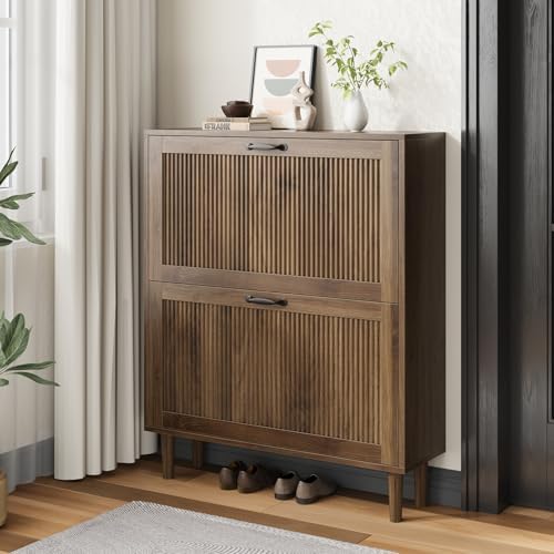 Kiasthome 2 Tier Entryway Shoe Storage Cabinet Closed Space Saving Hidden Shoe Organizer with Ribbed Doors Freestanding for Hallway Bedroom Walnut Finish (Walnut, 31.5")