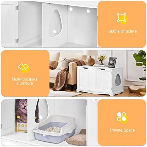 Yaheetech Cat Litter Box Enclosure, Box Cabinet Hidden, Wooden Pet Crate Kitty Washroom Storage Bench with Divider Home Litter Loo Indoor Cat House White
