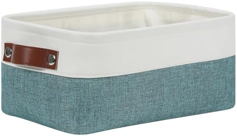 DULLEMELO Small Storage Bin,Small Fabric Rectangular Storage Basket for Shelves,Foldable Bin with Handles for Toy and Clothes Storage (White&Dark Green,1 PACK)