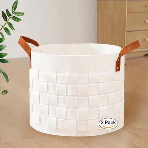BOLDMONKEY Blankets Basket 15" x15 " x13 " 2 Pack, Round Laundry Hamper with Leather Handle, Soft Dog Toy Basket for Storage-Beige