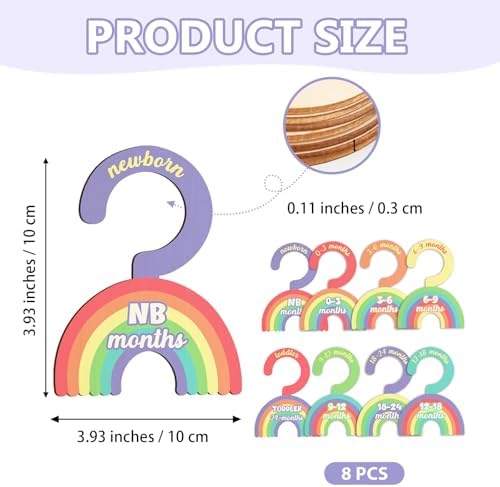 Baby Clothes Dividers for Closet - Set of 8 Wooden Baby Size Closet Dividers Newborn to 24 Months, Newborn Organizer for Boys Girls - Rainbow Baby Nursery Decor Kit Newborns Gift Baby Shower