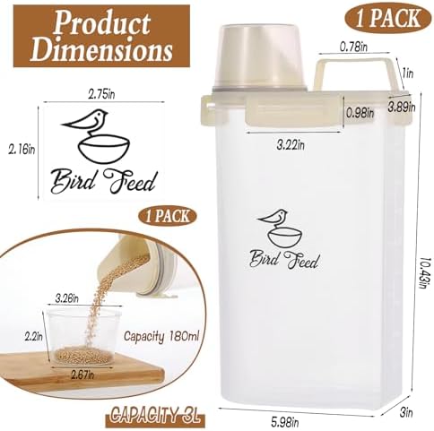 3.17 Qt/3 L Bird Seed Storage Container Airtight- Portable Bird Food Container with Airtight Measuring Cup, Clear Pet Parrot Seed Dispenser for Birds Food Chicken Feed Storage, Beige Lid