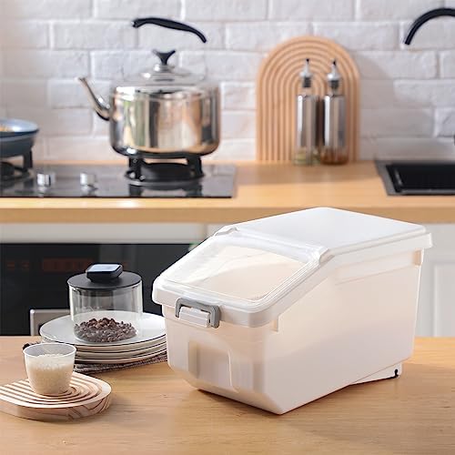 Sunnyray 4 Pcs Rice Storage Containers Bulk Flour Sugar Container Wheels Measuring Cups Set Airtight Pet Dog Cat Birds Food Bin Grain Cereal Organizer Box for Dry Baking(White,22 lb)