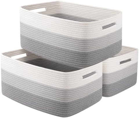 OIASKET Large Storage Basket for Organizing, Woven Rope Basket for Shelves, Closet Organizer Bins for Clothes, Blanket, Toys, Baby Nursery Storage, 17.7" x 13" x 7.87", 3 Packs Gradient Grey