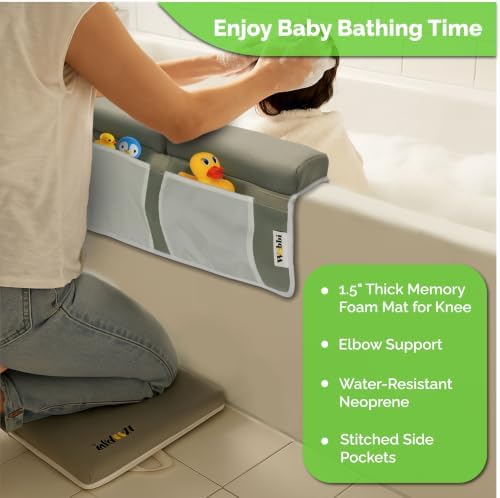 Wobbi Baby Bath Kneeler and Elbow Rest Pad Set | Extra Thick Memory Foam Support for Comfortable Bath Time | Non-Slip Suction Base | 4 Storage Pockets & Quick-Dry Design for Parents | Gray