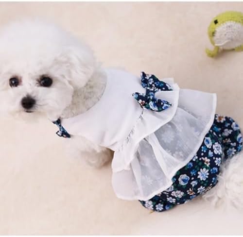 Vintage Floral Bowknot Sleeveless Romper for Small Dogs Cats Rabbits, Breathable Cotton Ruffle Flared Pants, Teacup to Small-Medium Pets for Walk Photo Vacation (Blue-Floral, Large)
