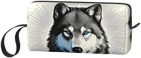 Blue Eyed Wolf Makeup Bag for Women with Wrist Strap | Durable 600D Oxford Fabric Cosmetic Organizer,Compact Travel Pouch with Handle for Gym & Daily Use