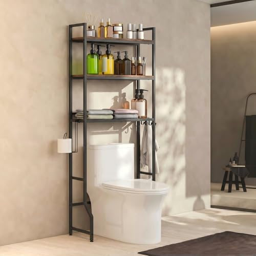 Over the Toilet Storage Cabinet Bathroom Storage Above Toilet | Over the Toilet Shelf, with Paper Holder and 4 Hooks, with Metal Frame, Space-Saving, Large Capacity Storage, Brown