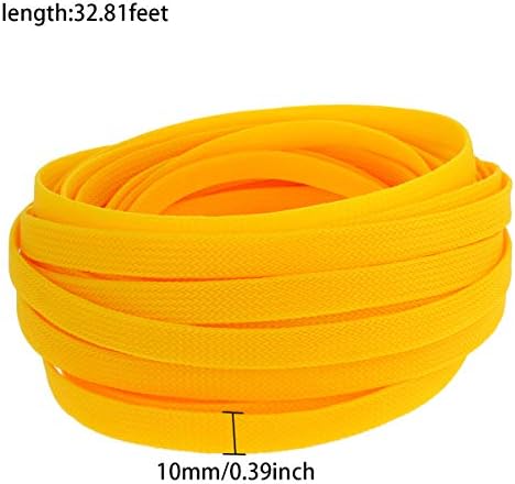Othmro Length 10m/32.8ft 10mm/0.39in Width PET Expandable Braid Cable Sleeving Flexible Wire Mesh Sleeve Yellow,Protecting Cables from Pets Chewing