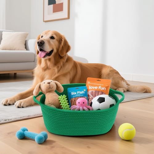 Woven Basket with Gift Bags and Ribbons, 14"X 10" X 6" Storage Basket Green | Gift Storage Organizer Basket Bin Shelf Shelves Cotton Rope Basket for Nursery, Pet Toys