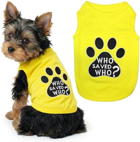 Parisian Pet Dog Shirt – 100% Cotton Shirts for Small Dogs - Sleeveless Yellow Puppy Vest with Paw Print – Breathable Pet Apparel – Pullover Summer Dog Clothes - Stretchy Funny T Shirts for Dogs