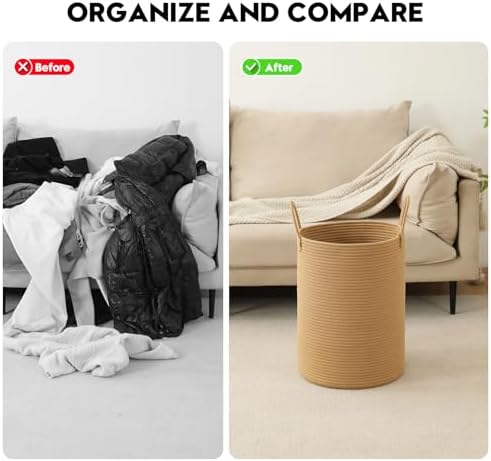 Laundry Basket Hamper Tall Rope Storage Woven for Blanket toys Dirty Clothes in Living Room Bathroom Bedroom (Jute Brown, 100L/26.4Gal)