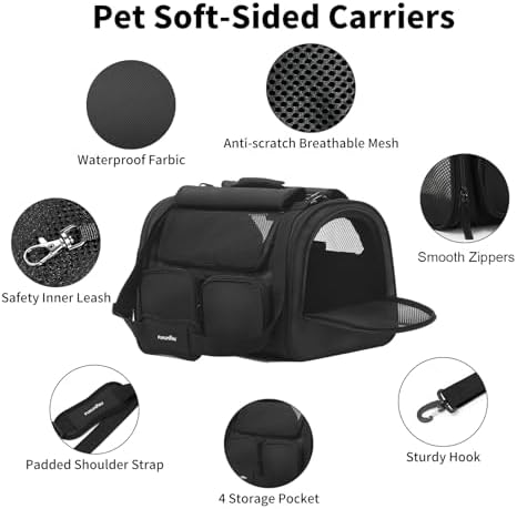 FUKUMARU Cat Carrier, Airline Approved Dog Carrier with Rollable Cover | Breathable Soft Cat Carrier, Multiple Doors & Storage Pockets Cat Travel Bag, Durable Pet Carrier for Cat Under 15 lb, Black
