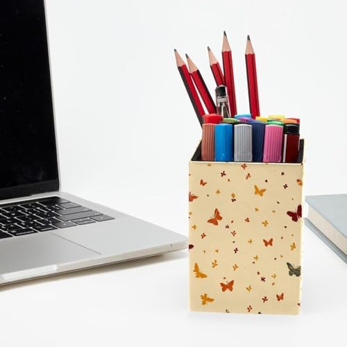 Butterfly Pen Holder for Desk Decor, Rectangular PVC Leather Pencil Cup for Desk Pen Organizer, Makeup Brush Holder for School, Home, Office