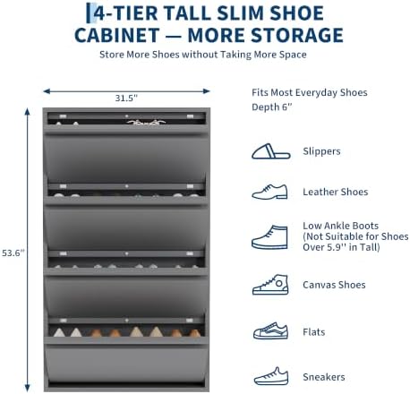Garvee Slim Metal Shoe Cabinet with 4 Flip Drawers for Entryway, Dark Gray | Narrow Shoe Storage, Wall Mounted or Floor Standing, Detachable Bottom Corners for Flexible Placement, Anti-Tip Wall Mount