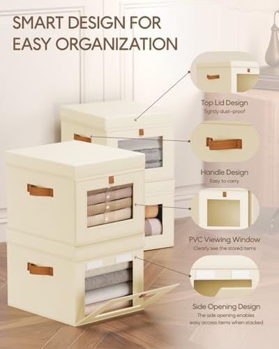 Homsorout Storage Bins with Lid – Closet Organizer with Side Opening and Clear Window, Foldable Stackable Fabric Basket for Clothes, Home, Office - 13.77" x 11.8" x 9.8", 6 Pack, Beige