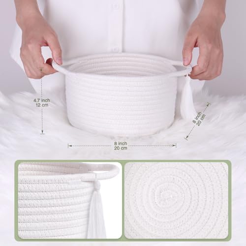 Small Gift Basket Empty to Fill, 2 Pack, Mini Woven Basket White | Cute Decorative Mini Rope Storage Baskets with Cellophane Bags & Ribbons; Two Sizes for Gifting, Bathroom Counter or Desk