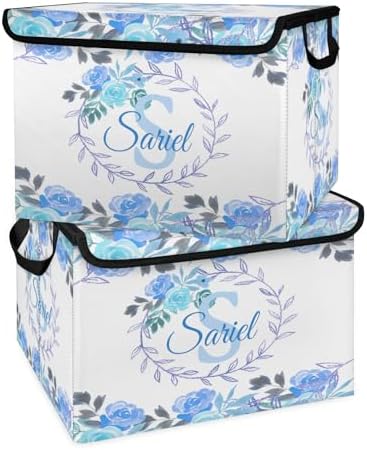 Blue Storage Bin with Lid Personalized Storage Baskets for Organizing Foldable Closet Organizers with Handles,Cute Basket for Boys Girls for Clothes Blanket Pet Dog Toy Basket Storage (2 Pack)