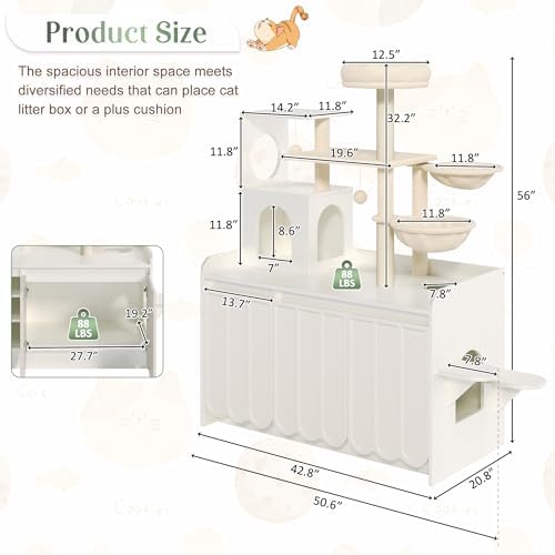 50.6 Inch Cat Tree with Litter Box Enclosure and Storage, White | Hidden Litter Box Cabinet with Multi-Level Platforms, Dual Hammocks, Sisal Scratching Posts, Condo and Top Perch for Play