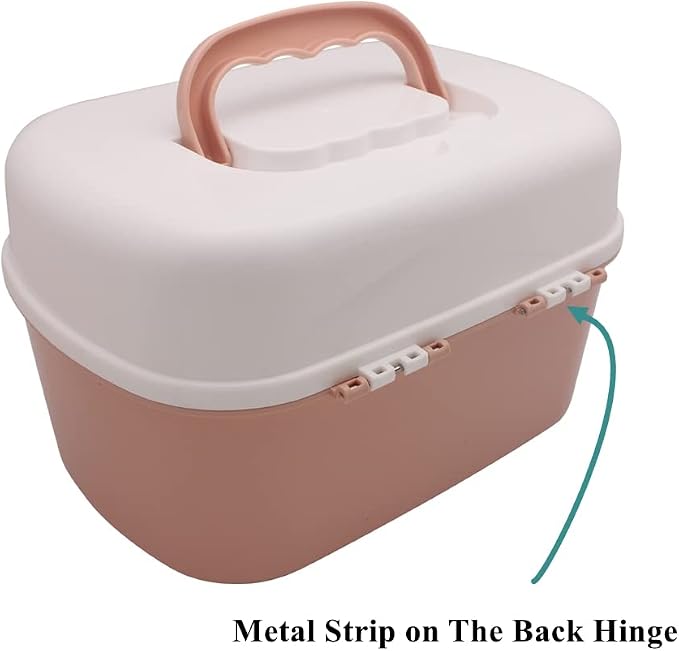 Plastic First Aid Storage Box Container Bin with Removable Tray and Portable Handle, Family Emergency Medicine Kit Case Organizer, White&Pink