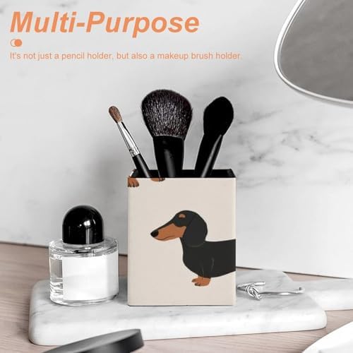 Women's Makeup Brush Cup Desktop Stationery Organizer Cartoon Dachshund Weiner Dog Pet Dogs Leather Pen Holder