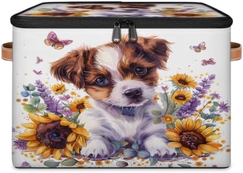 Cute Puppy Dog Sunflower Storage Box with Zipper Lid | Collapsible, Fabric, Storage Bin, Handle, Large, Closet Organizer, Containers, Bedroom, Home, Floral