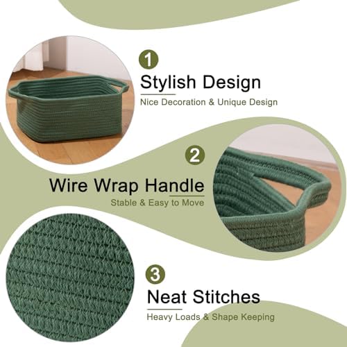 OIAHOMY 3 Pack Storage Baskets for Shelves Cotton Rope Storage Bins Green | Woven Baskets for Storage Nursery Storage Basket with Handles Baskets for Organizing Small Baskets Gift Baskets Empty