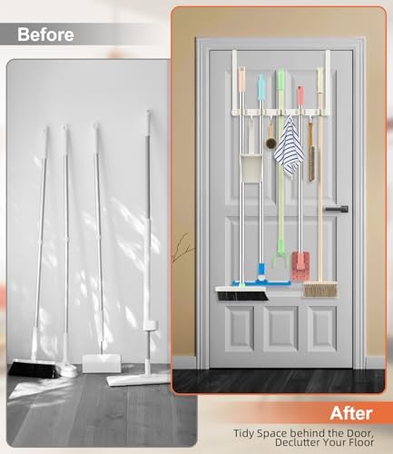 Broom Holder Over The Door with 4 Over Door Hook, Drilling Free Mop - White | Save Space, Metal Mop and Broom Storage Wall Mount Broom Storage Tool Organizer for Laundry Room Garage Kitchen Bathroom