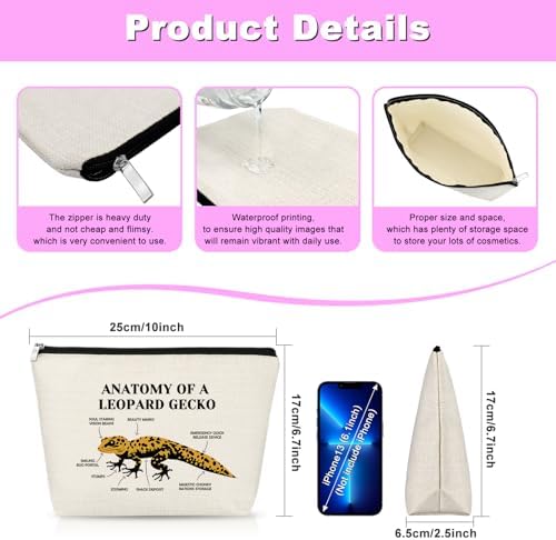 Gecko Lizard Gifts Leopard Gecko Makeup Bag Reptile Lover Gifts Animal Themed Cosmetic Bag Animal Lover Gift Reptile Geckos Owner Gift Travel Bag With Zipper(Anatomy Of A Leopard Geckos White Bag