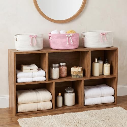 3 Pcs Bow Storage Baskets Woven Cotton Rope Laundry Hamper with Handles, Pink and White Set for Home Decor Organization, Nursery, Pet Toy Bin