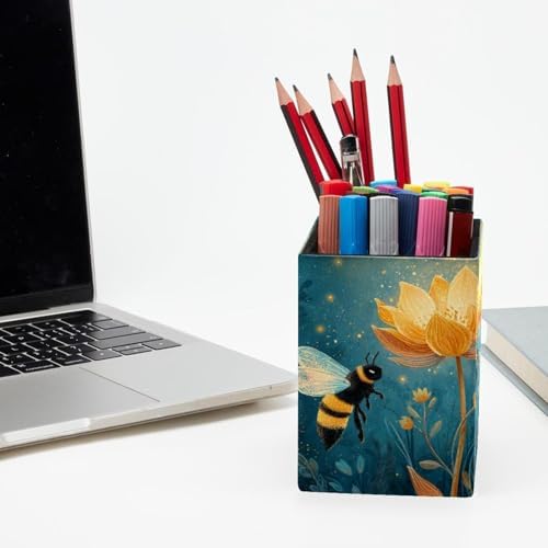 Bee Pen Holder for Desk Decor, Rectangular PVC Leather Pencil Cup for Desk Pen Organizer, Makeup Brush Holder for School, Home, Office