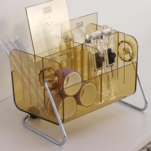 Desk Pen Holder Rotating Organizer Stationery Organizer Desktop Office Storage with Customizable Compartments and 360 Degree Rotation Transparent PET for dorm rooms office study, Brown