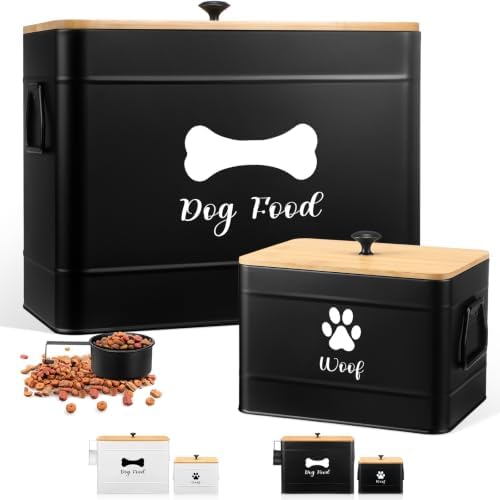 Newtay 2Pcs Extra Large Metal Dog Food Containers Airtight 12 & 3.5 Lbs Dog Treat Snack Jars Set of 2 with Bamboo Lids and Spoons Farmhouse Big Pet Cookie Storage Jars for Kitchen Counter Gift(Black)