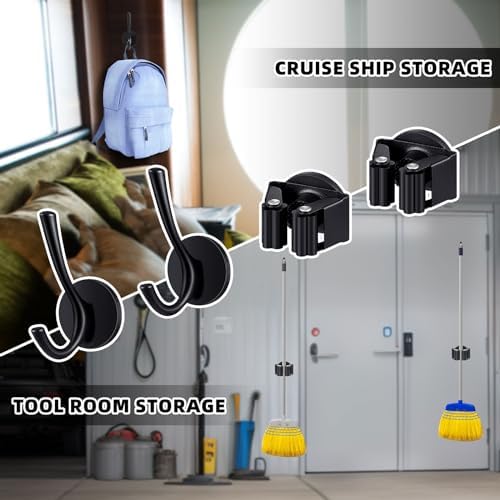 Vercraft 4 Pcs Magnetic Double Hooks Magnetic Coat Hooks Magnetic Mop Broom Holder Movable Magnetic Broom Holder Rack for Garage Kitchen Laundry Garden