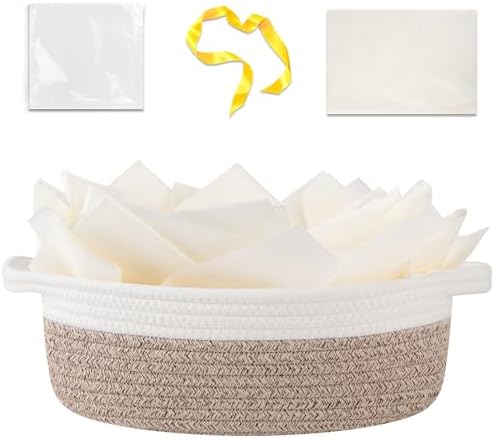 OIAHOMY Gift Basket Empty with Handle, 12"x 8"x 5" Small Woven Basket with Gift Bag, Ribbon and Wrap Tissue Paper, Dog Toy Storage for Organizing - Brown & White