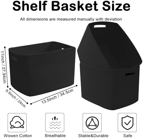 3 Pack Woven Baskets,Storage Baskets for Shelves with Handles | 13.5"×11"×9.5",Closet Baskets,Gift Basket,Nursery Organizer for Toys Towels Books,Storage Bin for Living Room Bedroom-Black