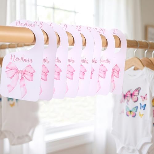 8pcs Baby Closet Dividers Nursery Closet Organizer Baby Wardrobe Organizer Nursery Decor Pink Bows Hanger for Newborn to 24+ Months Size Clothes Hanger Dividers