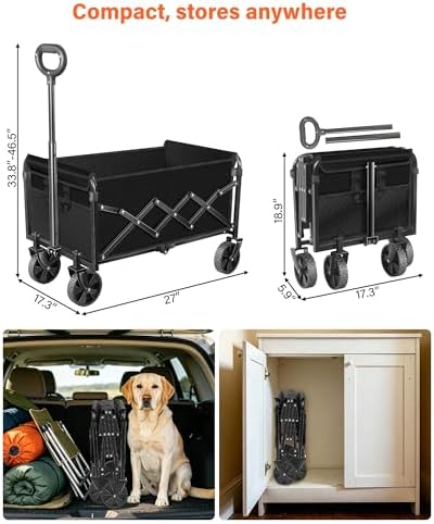 Collapsible Wagon Cart, Folding Cart with 360LBS Capacity, Black | All-Terrain Wheels & Flexible Handle, Heavy Duty Utility Wagon for Grocery Camping Garden Shopping Sports