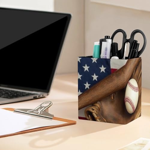 Square Pen Holder Waterproof Multifunctional Desk Organizer For Office Home Vintage Ball Baseball American Flag