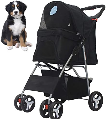 Dog Stroller, Pet Strollers for Small Medium Dogs & Cats, 4 Wheels Dog Jogging Stroller Folding Doggy Stroller with Storage Basket Traveling Strolling Cart,Black