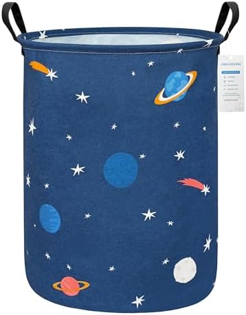Round Laundry Basket Collapsible Storage Hamper Organizer Space Astronaut | Waterproof Canvas Foldable Baskets with sturdy Handles Multi-scene Organizer for Home Play Bedroom Gift Bin