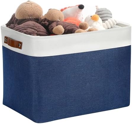 DULLEMELO Large Storage Baskets, Fabric Storage Bins for Organizing Foldable Linen Shelf Baskets for Clothes, Toys, Closet, Laundry (White&Blue,16"x12"x12"-1 Pack)