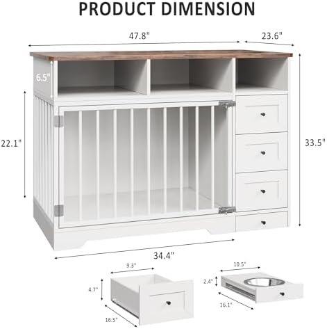 IDEALHOUSE 48'' Dog Crate Furniture with Bowl & Storage Drawers, Farmhouse Heavy Duty Dog Kennel Table for Small Medium Dogs, Indoor Wooden Dog Cage for Living Room, Entryway, White