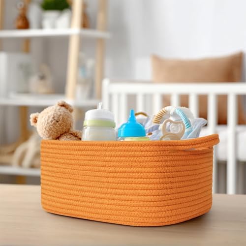 Cute Orange Woven Basket, Empty Gift Basket for Christmas, Thanksgiving, Easter, Birthday, Cotton Rope Storage Bin with Handle for Gift, Dog Toy Box, Baby Nursery Organizer, Orange Room Decor