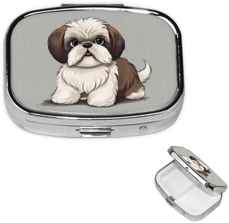 Shih Tzu Dog Pill Box 2 Compartment Medicine Pill Organizer Square Pill Case for Purse & Pocket Travel Pillbox Portable Metal Medicine Vitamin Fish Oil Organizer Unique Gift