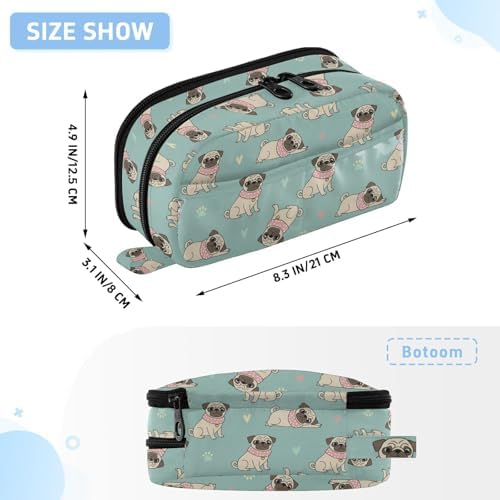 Cute Pets Pug Teal print Large Capacity Pencil Case with Zipper Water Resistant Portable Organizer Pen Bag for School Office Students