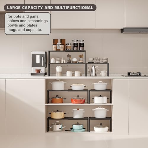 Magheo Expandable Kitchen Countertop Organizer, 2 Pack Stackable Cabinet Shelf Risers, Metal Spice Rack Heavy Duty Counter Organizer Storage for Kitchen, Pantry, Cupboard, Rv (8.7in Height,Black)